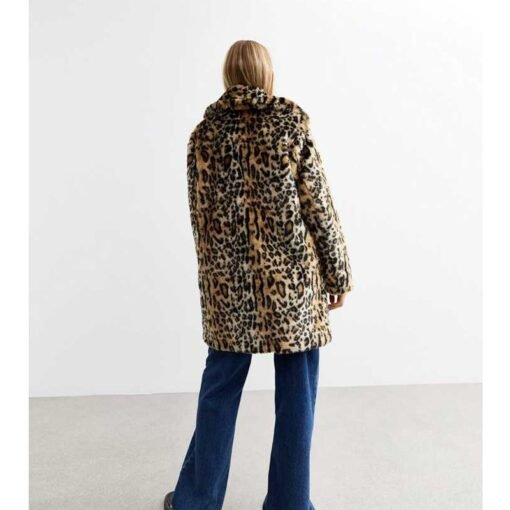 Brown Leopard Print Faux Fur Coat - Image 3