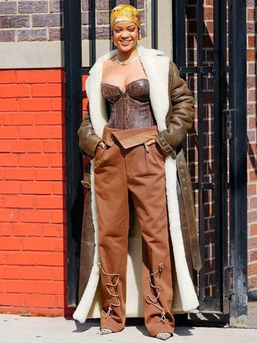 Rihanna Long Oversize Shearling Leather Coat - Image 4