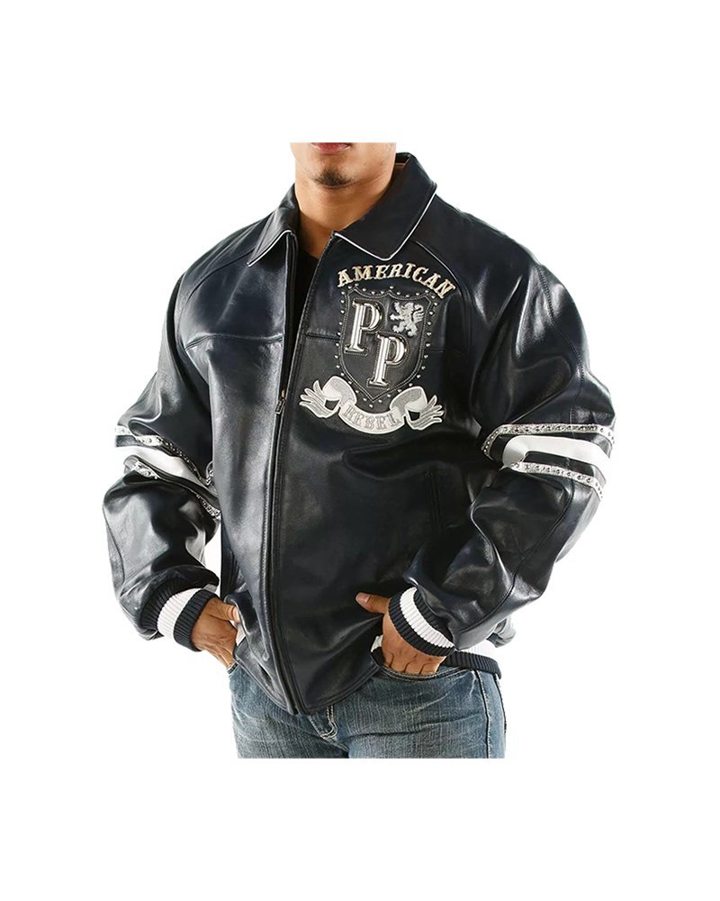 Men American Rebel Navy Blue Pelle Pelle Studded Jacket - Image 2