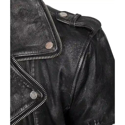 Mens Black Leather Biker Jacket - Image 5