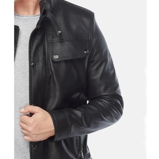 Mens Black Leather Moto Jacket - Image 2