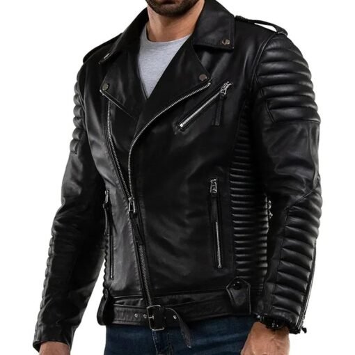 Casual Wear Quilted Black Leather Biker Jacket - Image 4