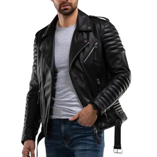 Casual Wear Quilted Black Leather Biker Jacket - Image 2