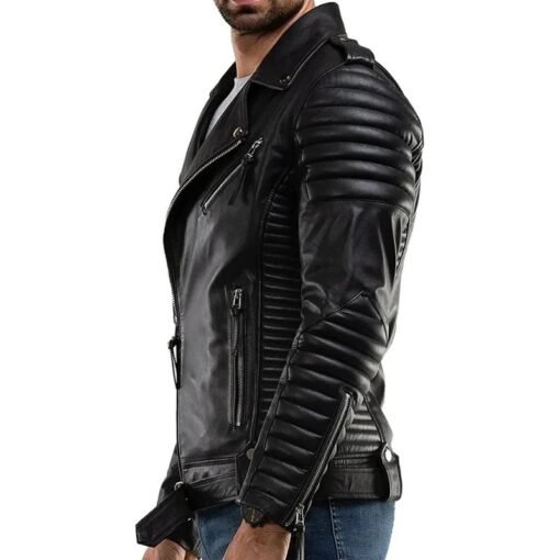 Casual Wear Quilted Black Leather Biker Jacket - Image 3