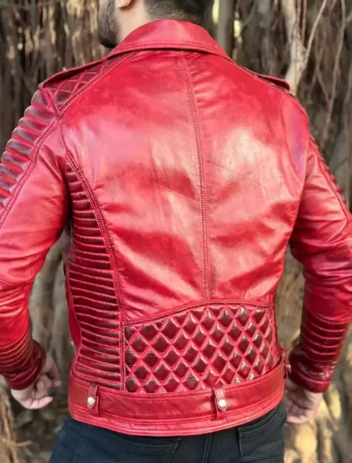 Mens Red Leather Biker Jacket - Image 2