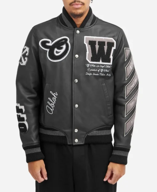 Off White Black Leather Varsity Jacket - Image 3
