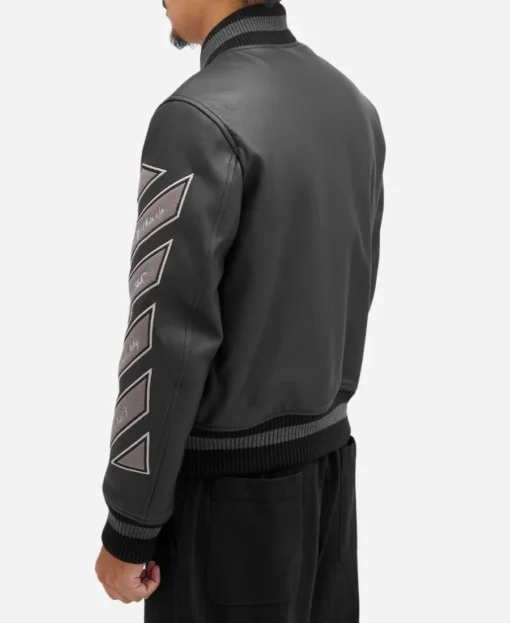 Off White Black Leather Varsity Jacket - Image 2