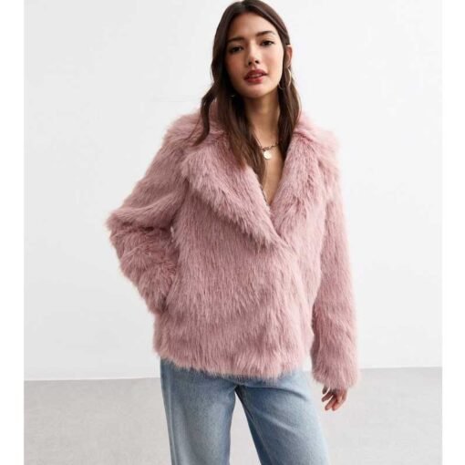 Pale Pink Shaggy Faux Fur Coat - Image 5