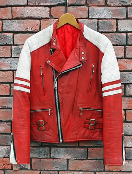Classic Biker Red And White Leather Jacket