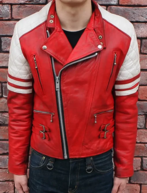 Classic Biker Red And White Leather Jacket - Image 2