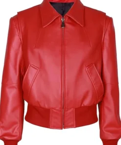 Classic Red Leather Bomber Jacket Women's Zipper Style Jacket