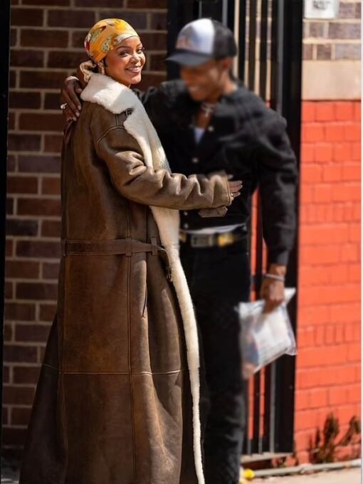 Rihanna Long Oversize Shearling Leather Coat - Image 5