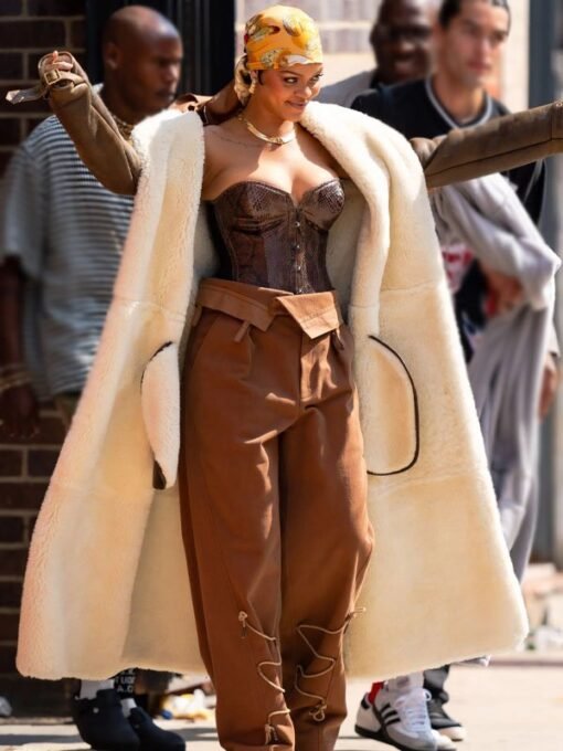Rihanna Long Oversize Shearling Leather Coat - Image 3