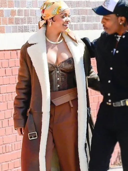 Rihanna Long Oversize Shearling Leather Coat - Image 2