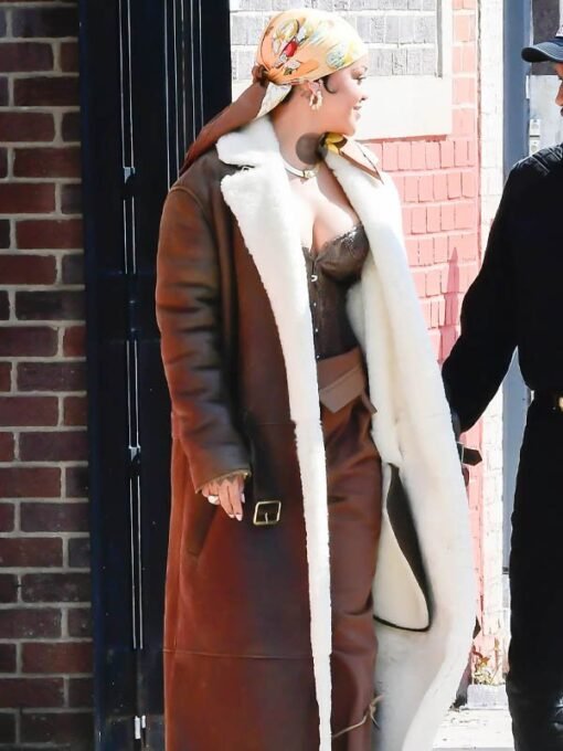 Rihanna Long Oversize Shearling Leather Coat - Image 6
