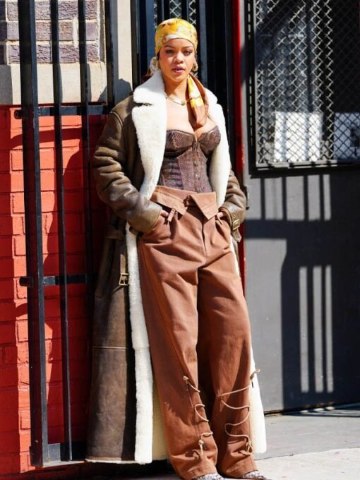 Rihanna Long Oversize Shearling Leather Coat