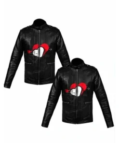 Valentine Couple Heart Printed Black Leather Jacket