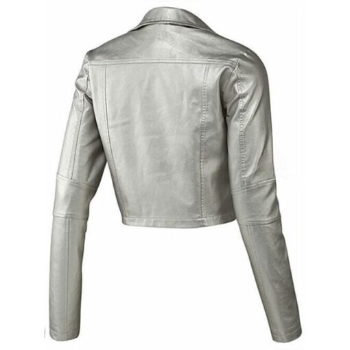 Women Biker Style Silver Leather Jacket - Image 2