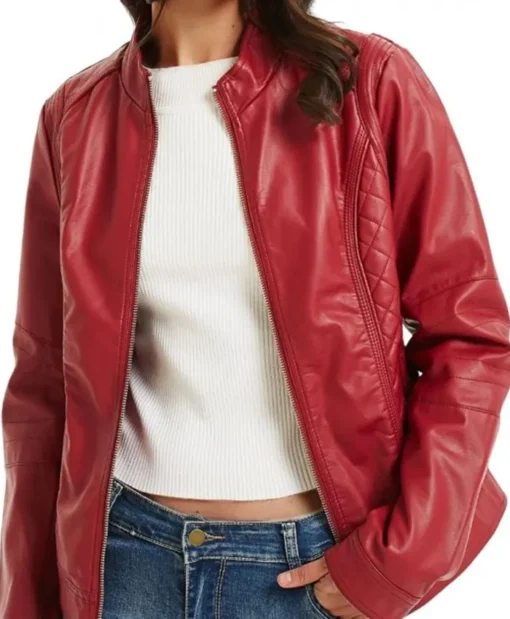 Women Red Biker Petite Leather Moto Jacket - Image 2