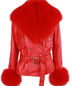 Women Classic Red Leather Jacket With Fur