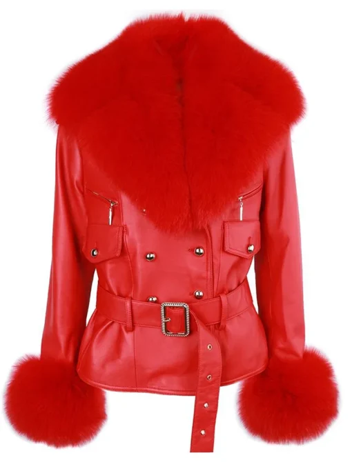 Women Classic Red Leather Jacket With Fur
