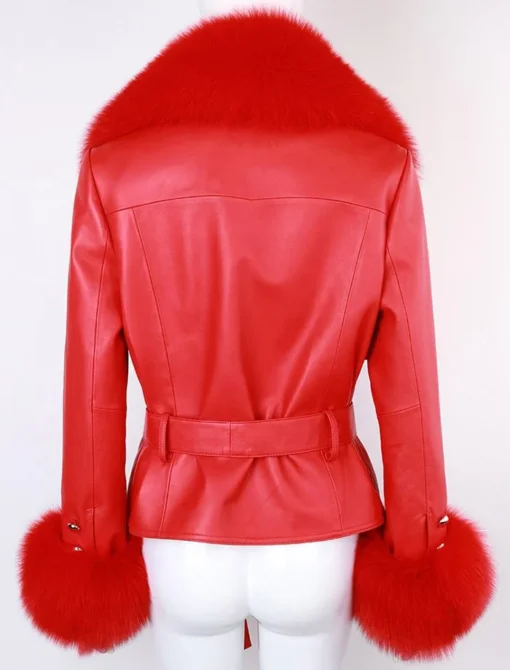 Women Classic Red Leather Jacket With Fur - Image 2