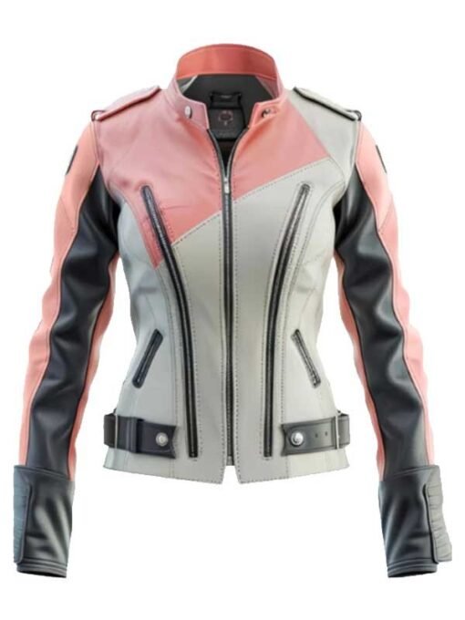 Women’s Ash Grey Pink Leather Bikers Jacket