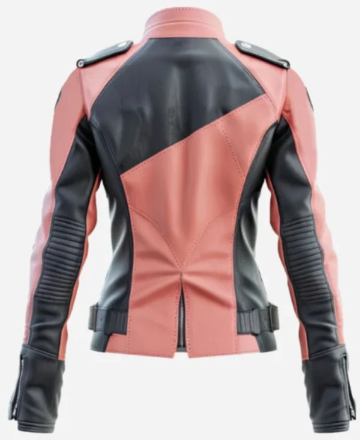 Women’s Ash Grey Pink Leather Bikers Jacket - Image 2